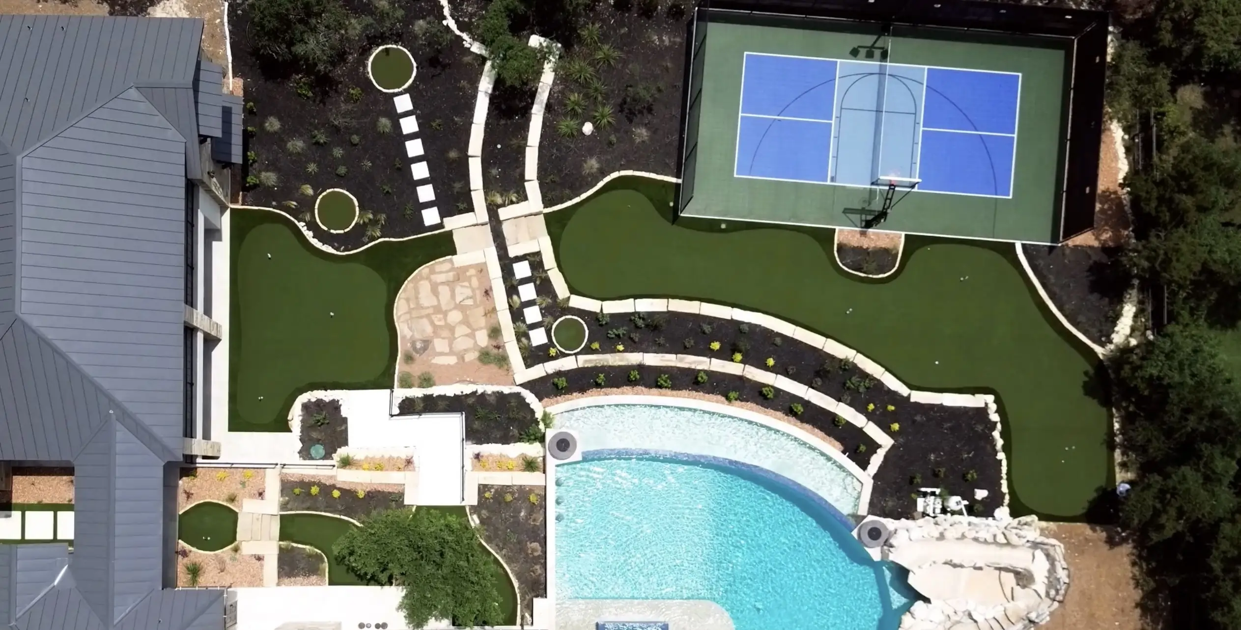 drone residential backyard putting green